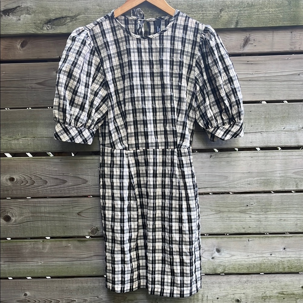 NOBODY'S CHILD gingham minidress with puffy sleeves, black and grey, size 2